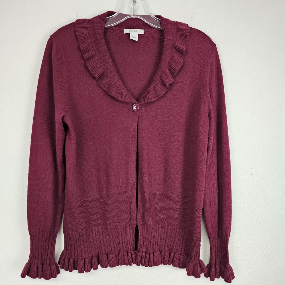 Dress Barn Wine Cardigan Ruffle Accents Ribbed Knit Trim Sz M Feminine Romantic